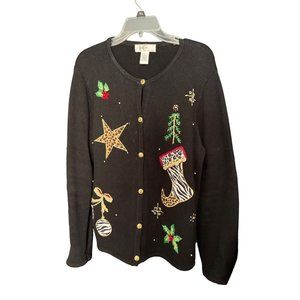 K.I.K.I.T Maurice Sasson Holiday Christmas Cardigan Sweater Vintage Stocking, Or